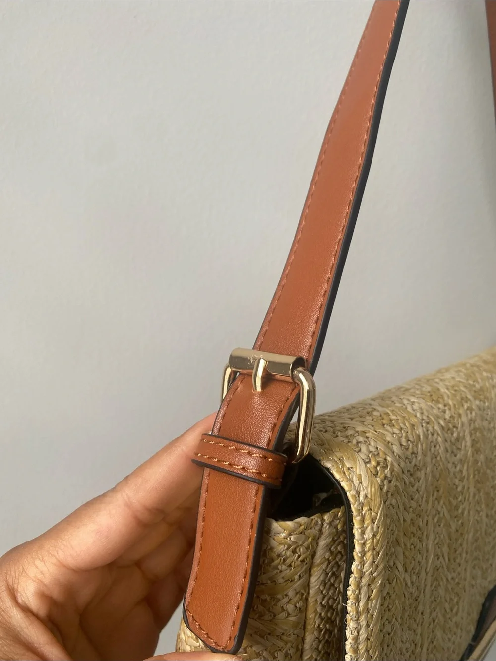 Woven Straw Shoulder Bag with Brown Leather Trim - Picture 10 of 10